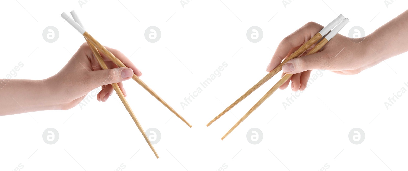 Image of Woman holding chopsticks isolated on white, closeup. Collage with photos