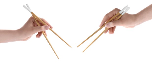 Image of Woman holding chopsticks isolated on white, closeup. Collage with photos