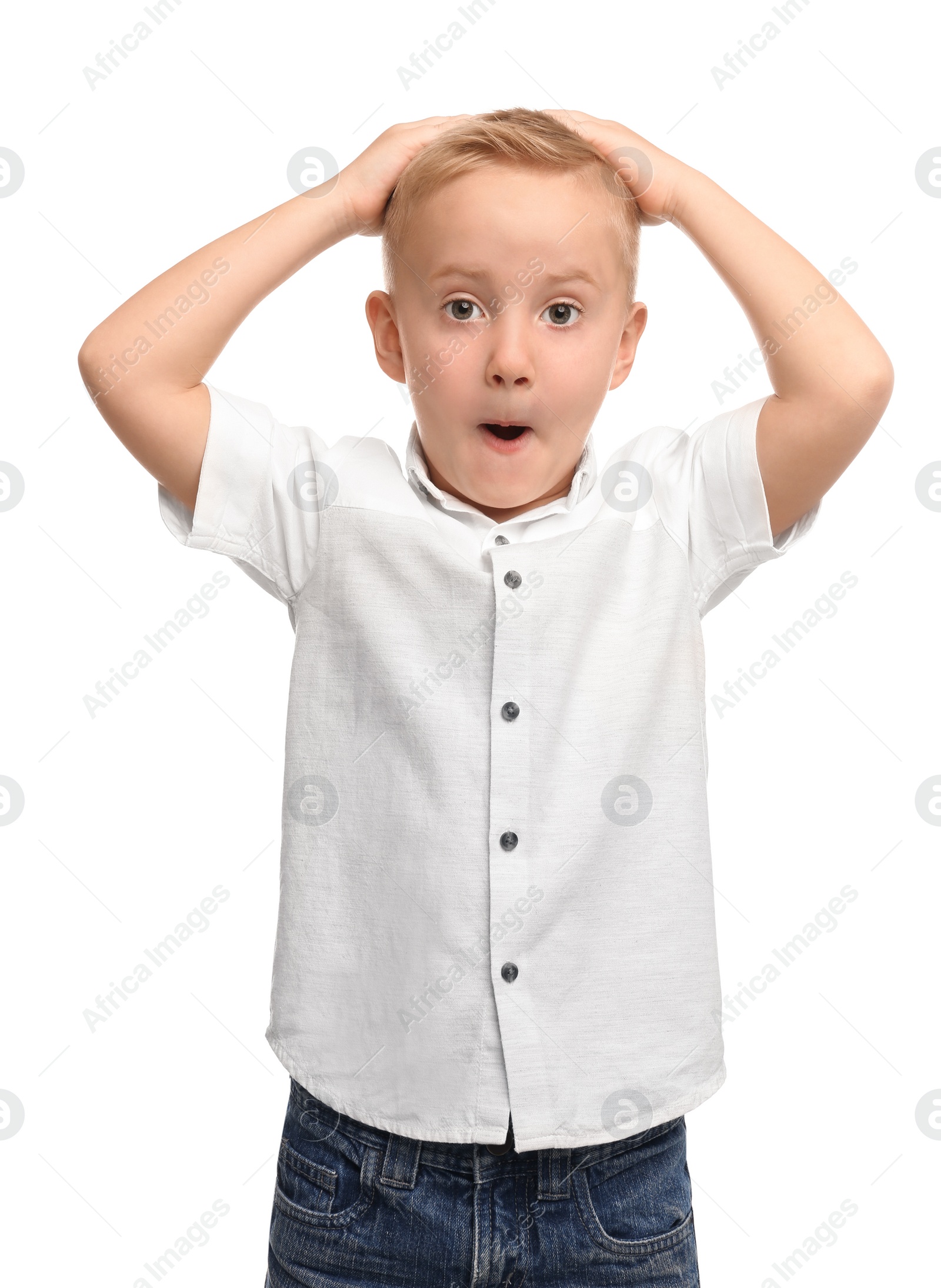 Photo of Portrait of cute little boy on white background