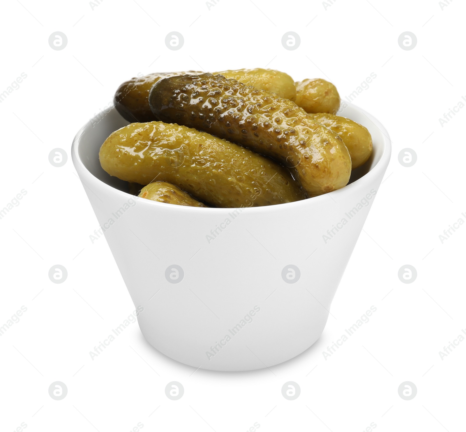 Photo of Tasty pickled cucumbers in bowl isolated on white