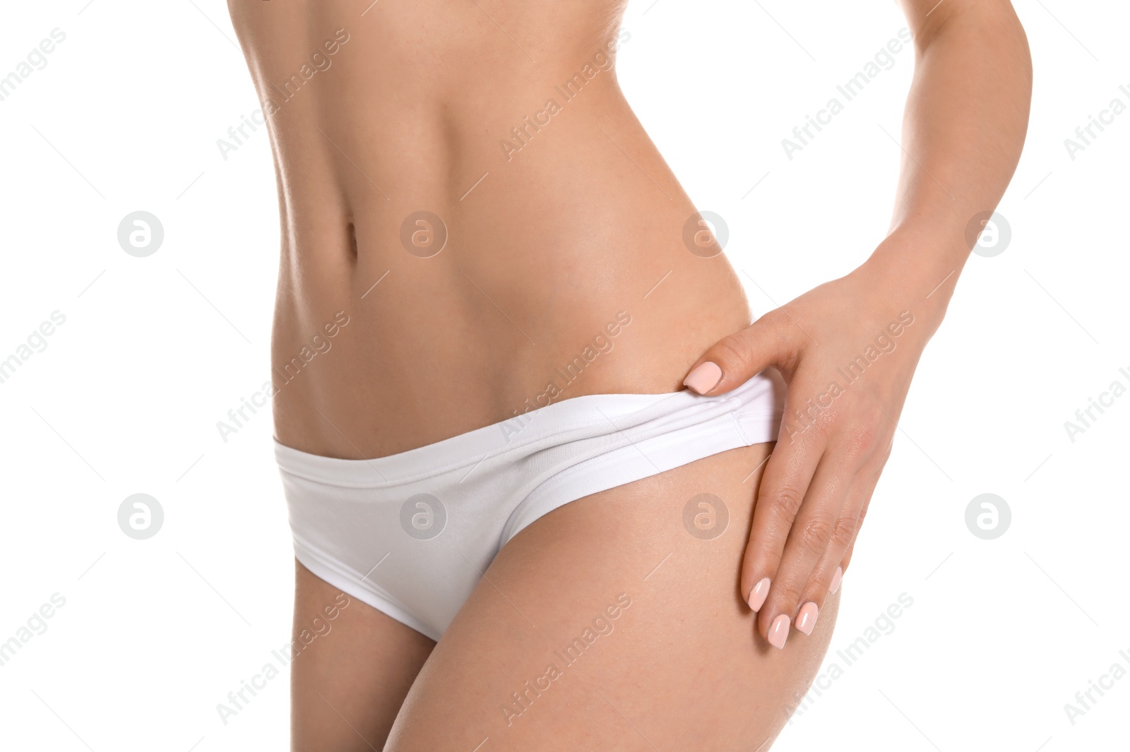 Photo of Young woman showing smooth silky skin after epilation on white background