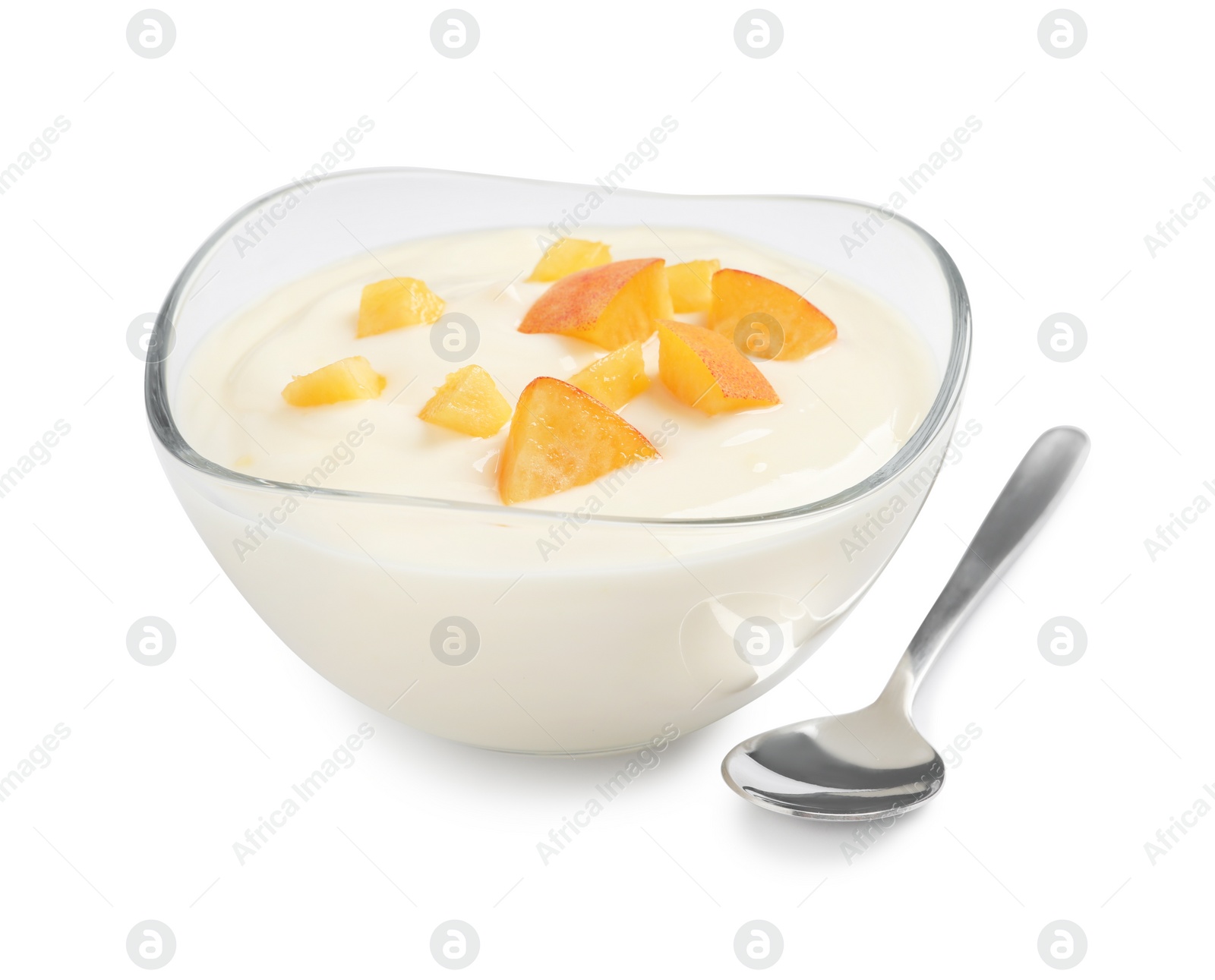 Photo of Delicious yogurt with fresh peach in glass bowl and spoon on white background