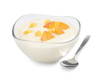 Photo of Delicious yogurt with fresh peach in glass bowl and spoon on white background