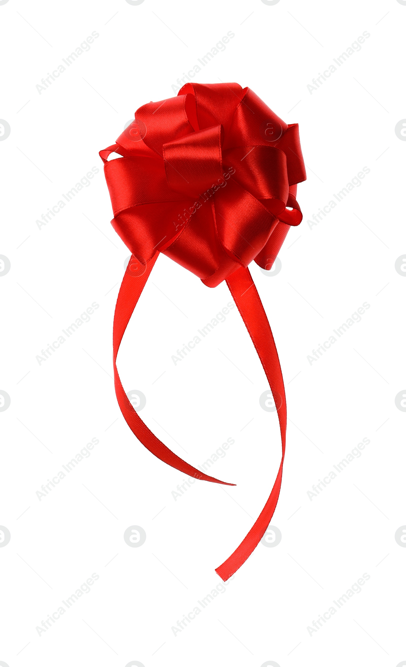 Photo of Red ribbon bow isolated on white. Festive decoration