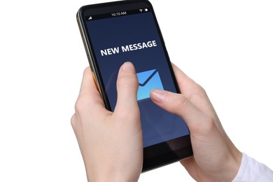 Image of Got new message. Woman using smartphone on white background, closeup