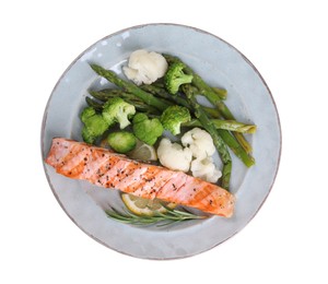 Photo of Healthy meal. Piece of grilled salmon, vegetables, lemon, asparagus and rosemary isolated on white, top view