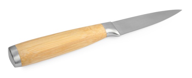 Photo of One sharp knife with wooden handle isolated on white