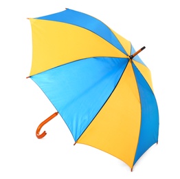 Photo of Modern opened bright umbrella isolated on white