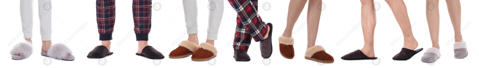 Collage with photos of people wearing stylish slippers on white background, closeup. Banner design Image of Collage with photos of people wearing stylish slippers on white background, closeup. Banner design