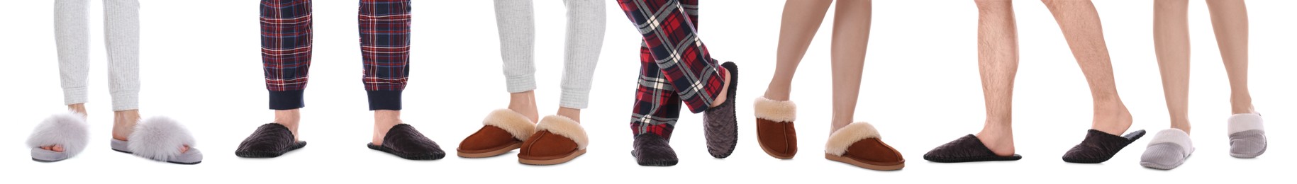 Image of Collage with photos of people wearing stylish slippers on white background, closeup. Banner design