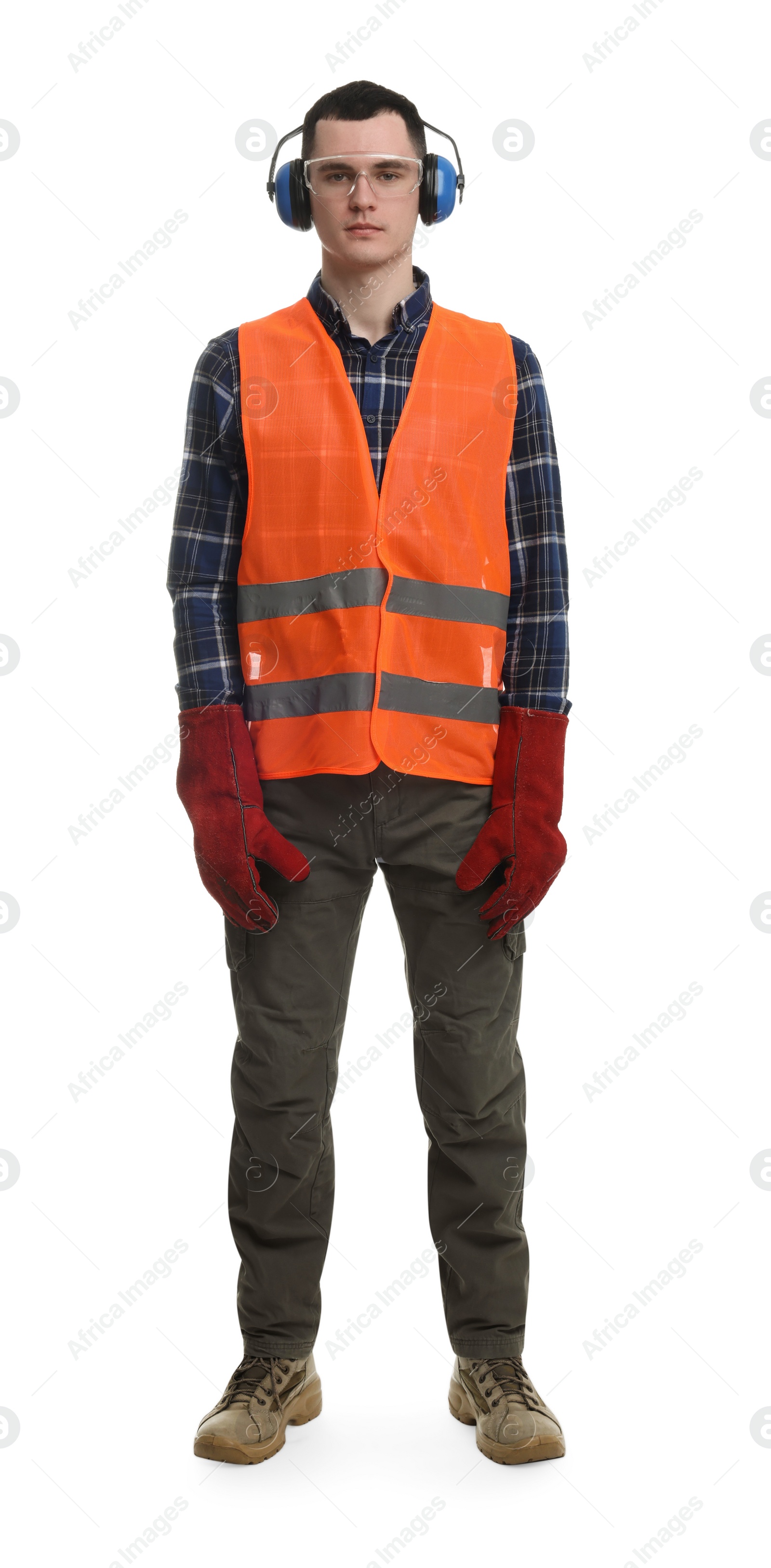 Photo of Young man wearing safety equipment on white background