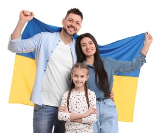 Photo of Happy family with flag of Ukraine on white background