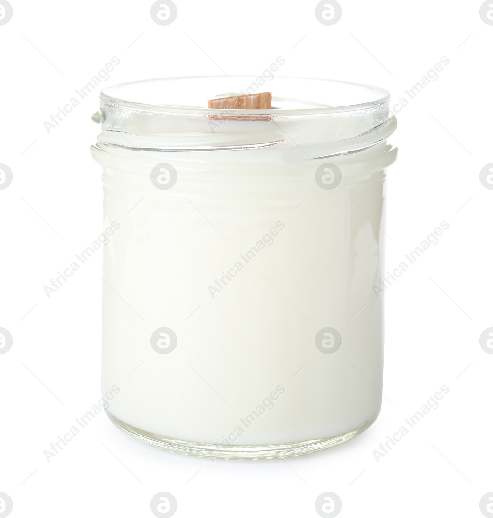 Photo of Beautiful candle with wooden wick isolated on white