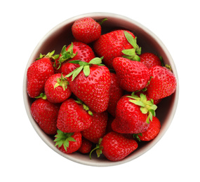 Ripe strawberries in bowl isolated on white, top view