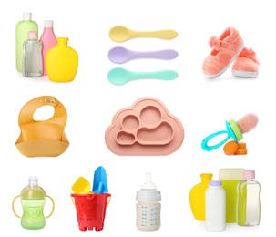 Set with different stuff for baby on white background