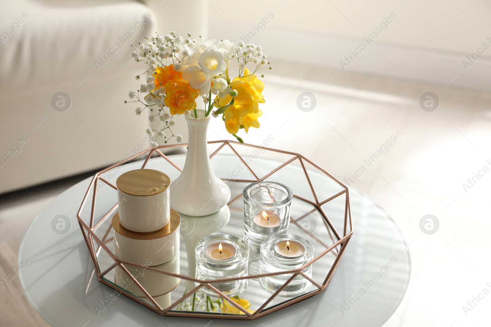 Photo of Beautiful bouquet with spring freesia flowers in light room