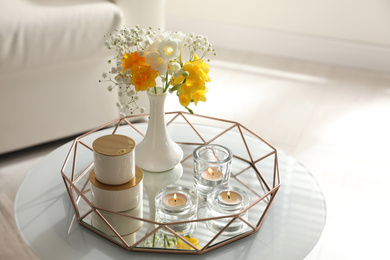 Photo of Beautiful bouquet with spring freesia flowers in light room