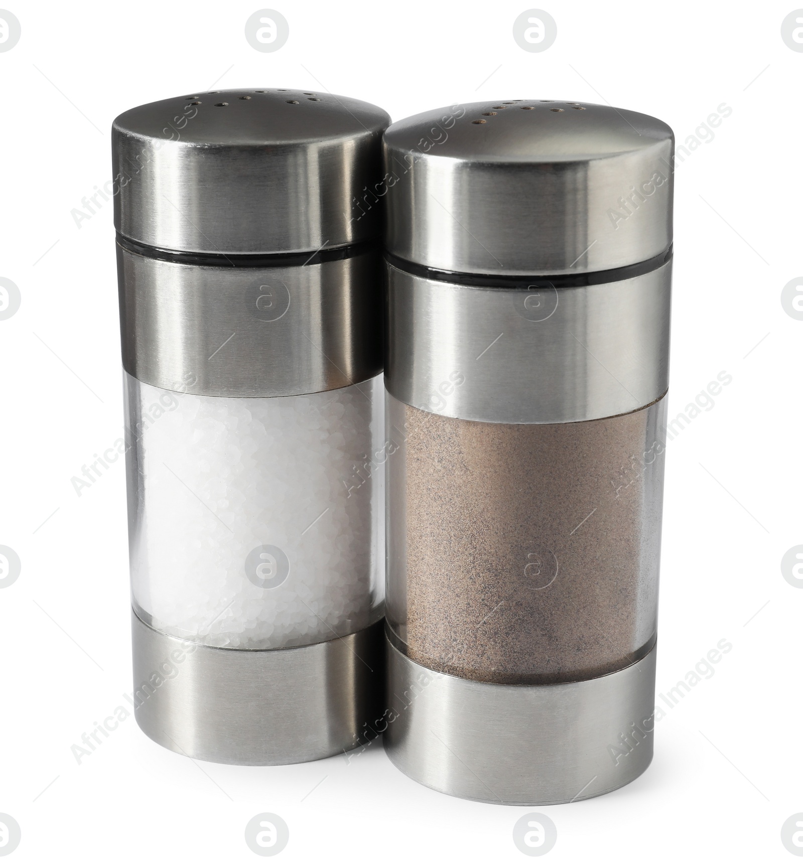 Photo of Salt and pepper shakers isolated on white