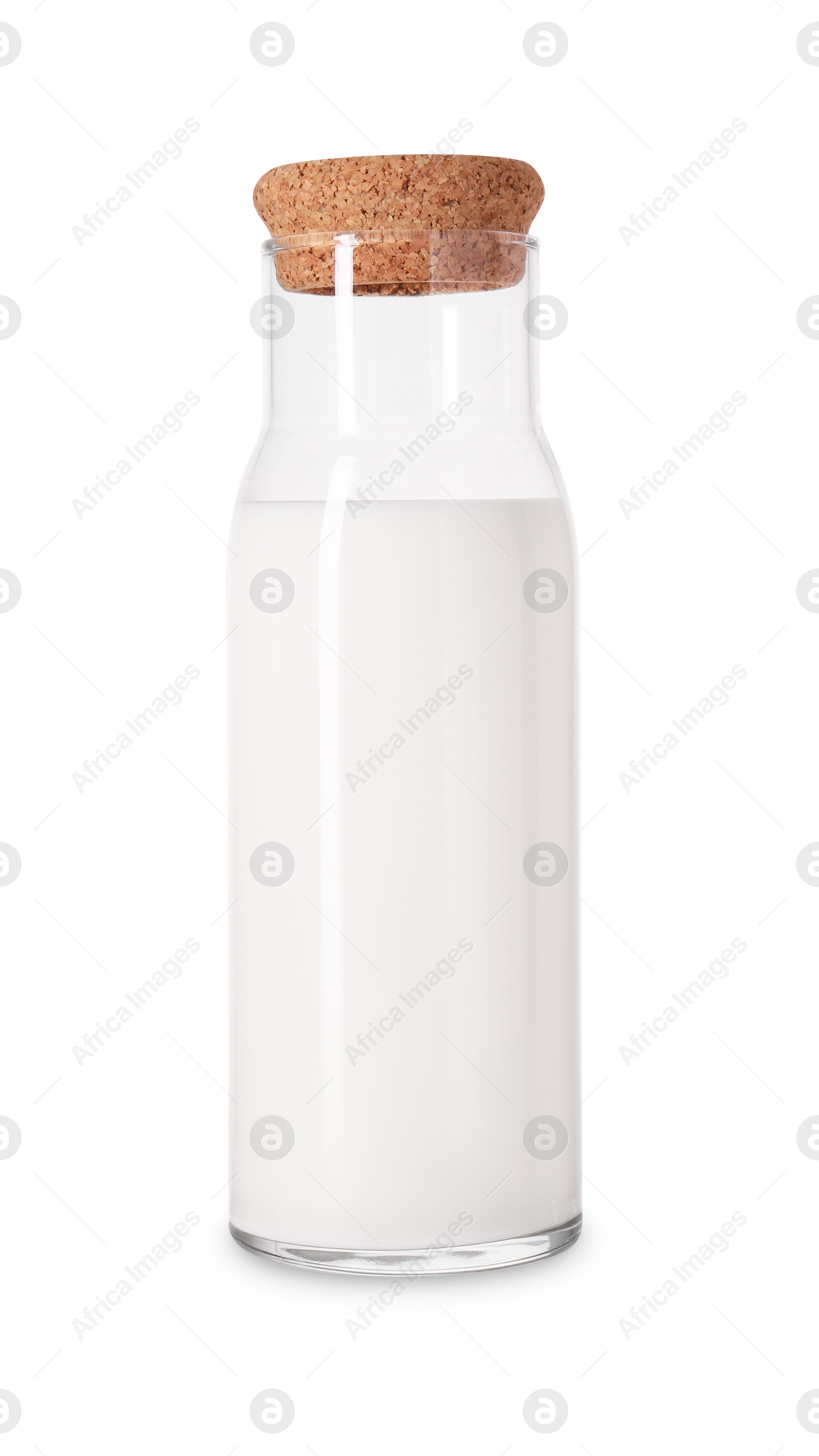 Photo of Glass carafe of fresh milk isolated on white