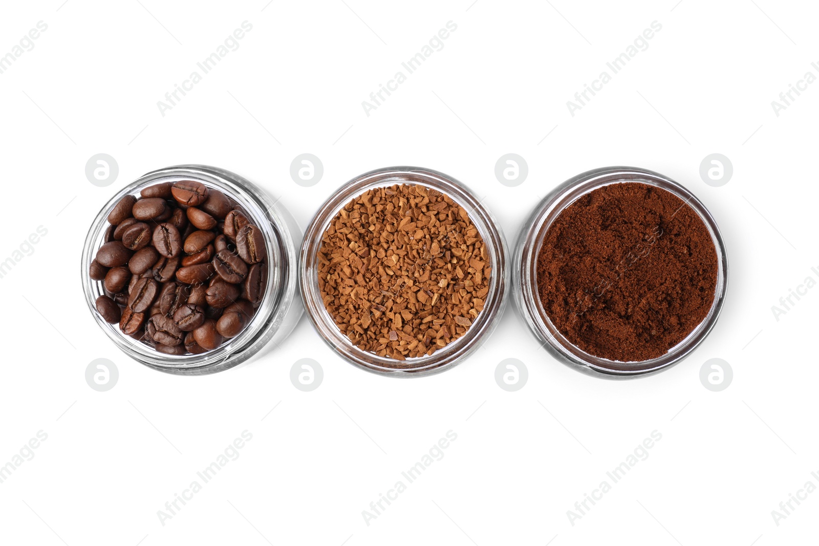 Photo of Jars with different types of coffee on white background, top view