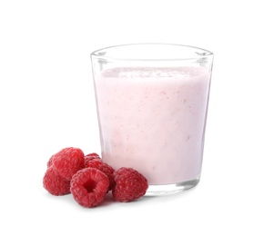 Photo of Tasty fresh milk shake with raspberries on white background