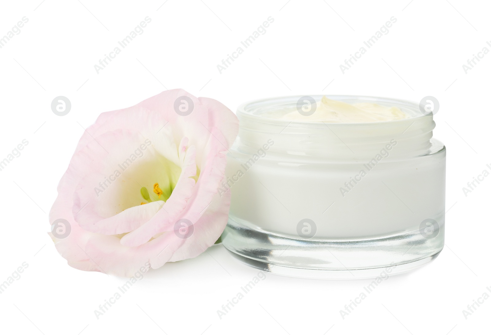 Photo of Jar with cream and flower on white background. Hand care cosmetics