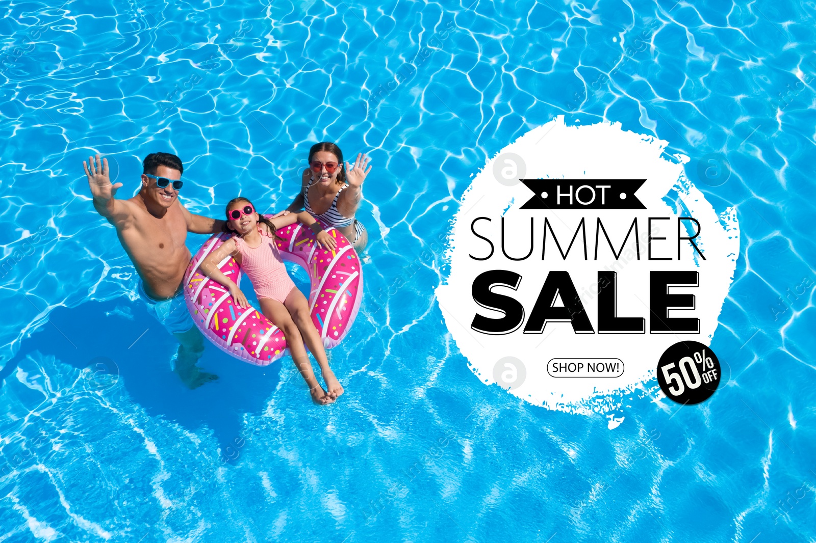 Image of Hot summer sale flyer design. Family with inflatable ring in swimming pool and text