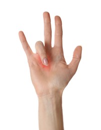 Image of Woman suffering from trigger finger on white background, closeup
