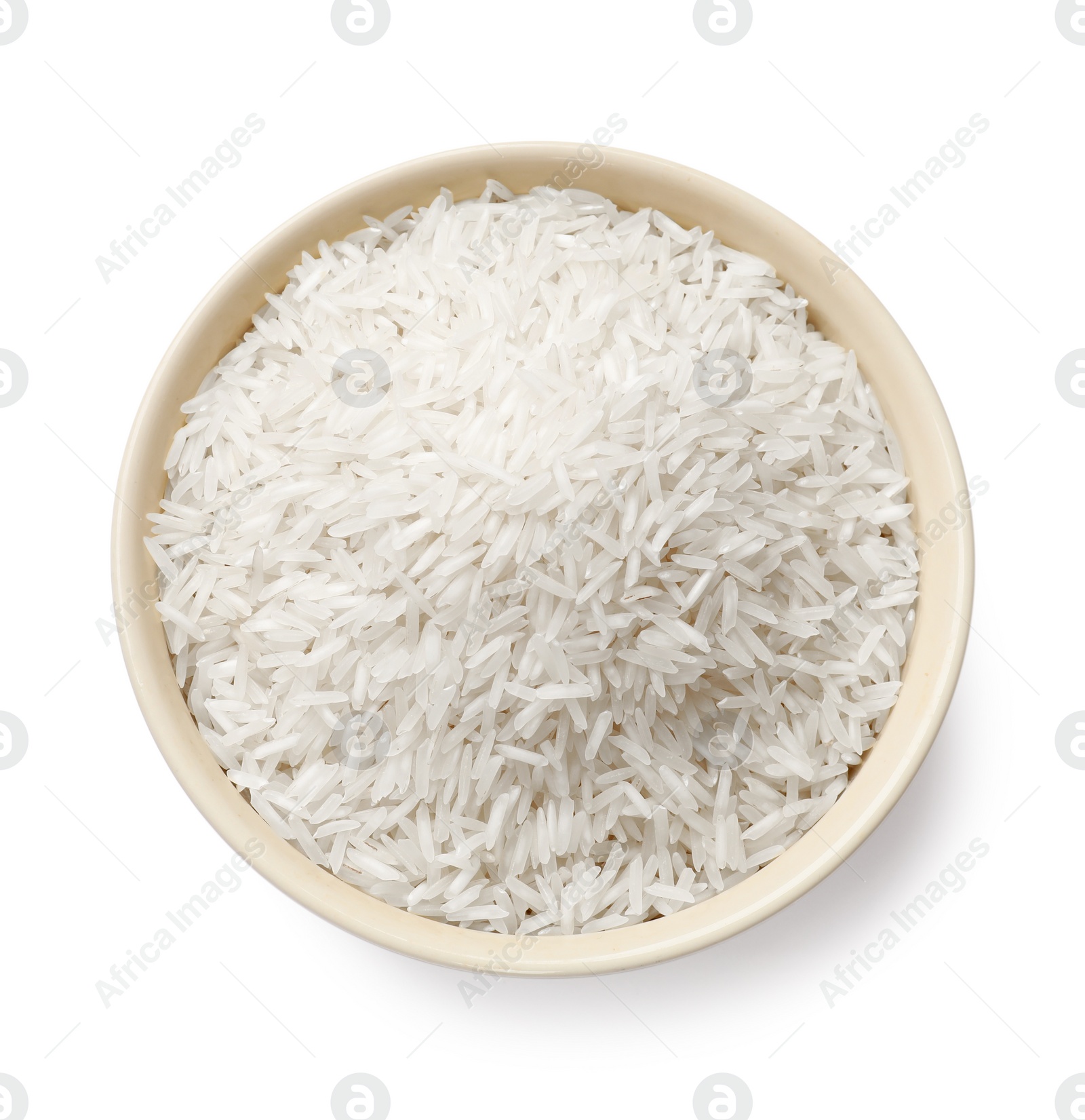 Photo of Raw basmati rice in bowl isolated on white, top view