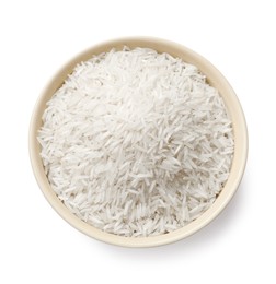 Photo of Raw basmati rice in bowl isolated on white, top view