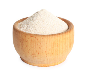 Image of Whole wheat flour in wooden bowl on white background