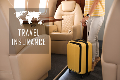 Image of Woman with yellow suitcase on plane. Travel insurance