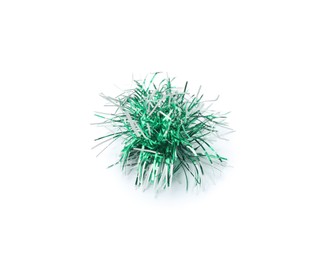 Photo of Piece of shiny green tinsel isolated on white. Christmas decoration