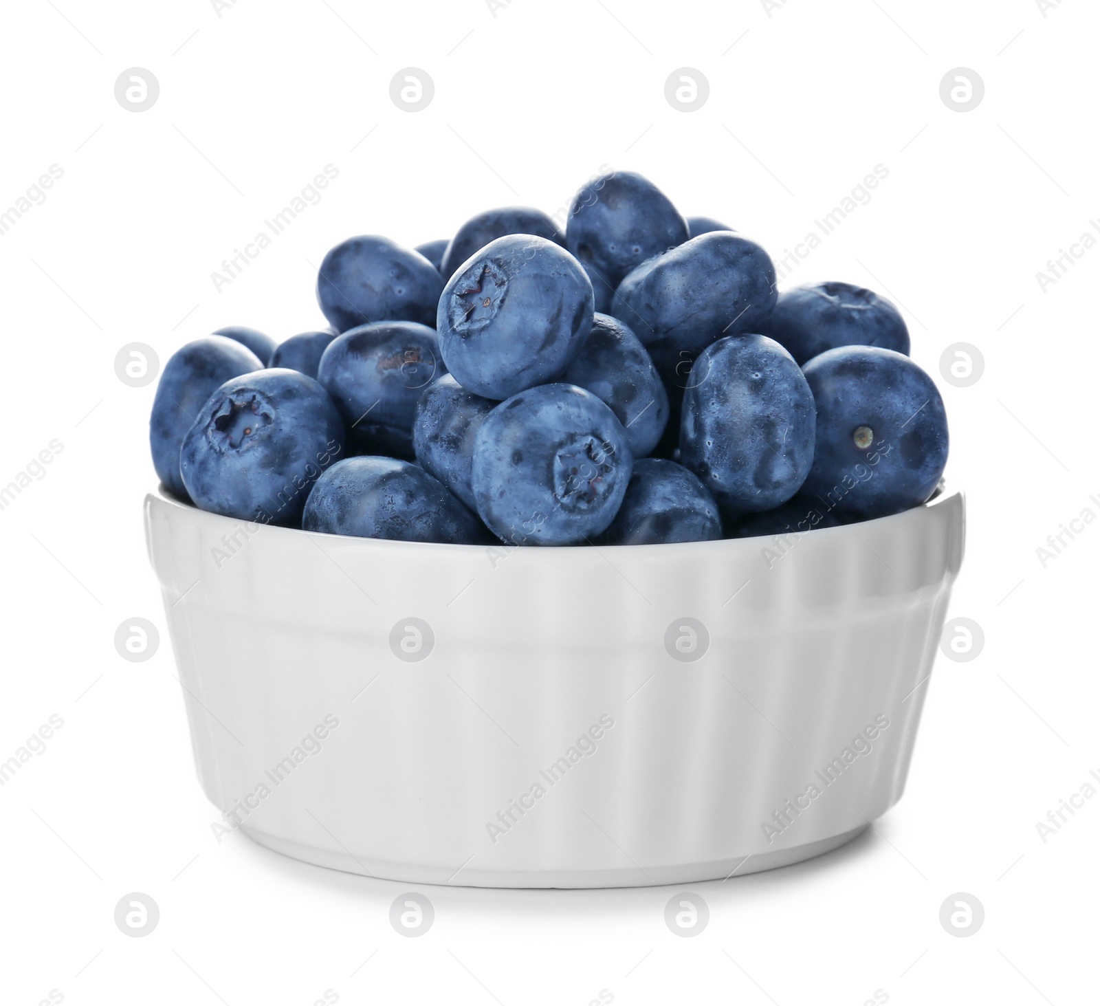 Photo of Bowl with tasty blueberry on white background