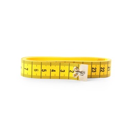 Photo of Yellow folded measuring tape isolated on white