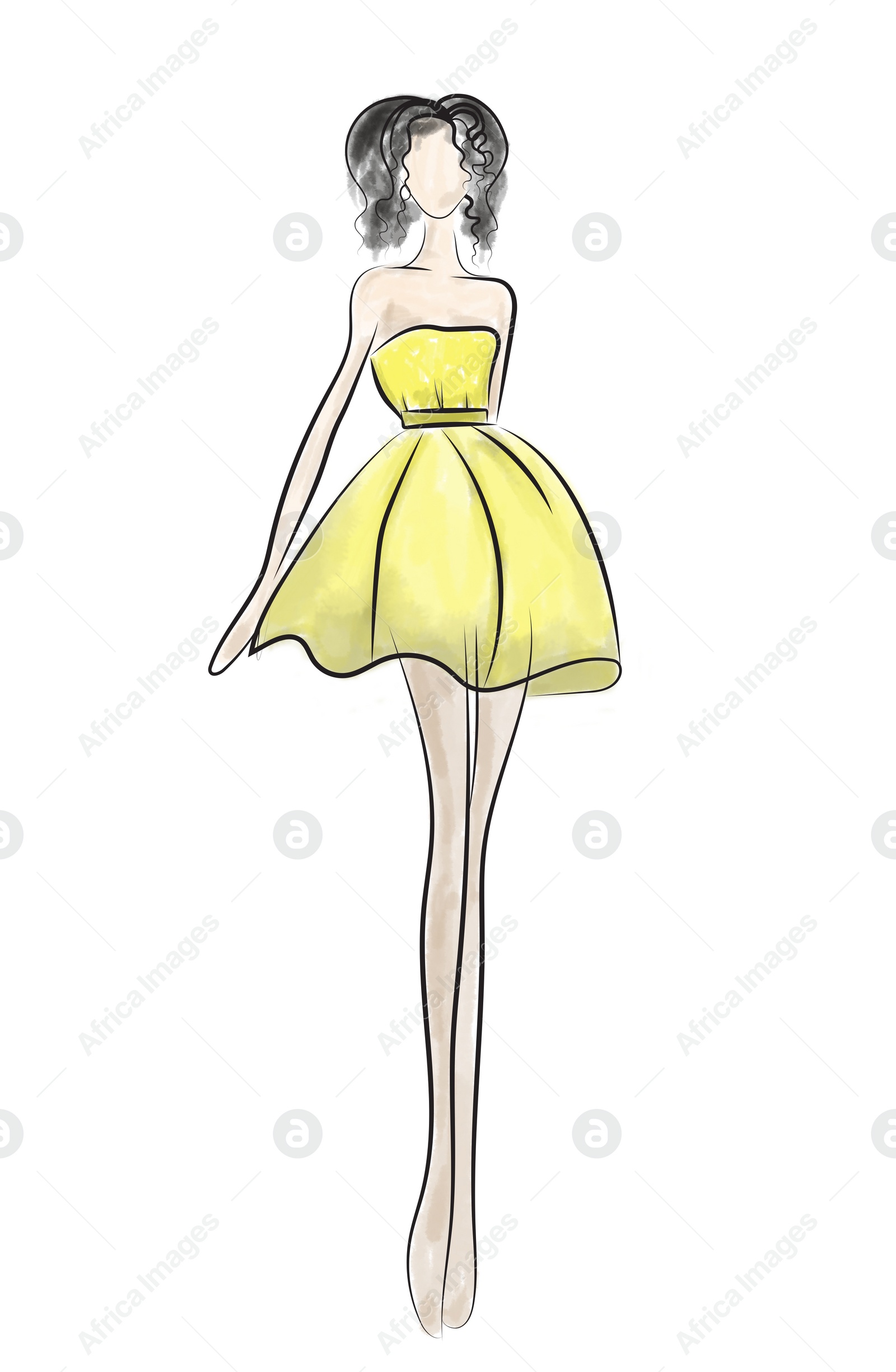 Illustration of Fashion sketch. Model wearing stylish dress on white background, illustration