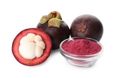 Mangosteen powder and fruits on white background