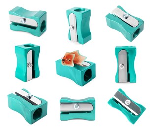 Image of Set with turquoise pencil sharpeners on white background