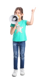 Adorable little girl with megaphone on white background
