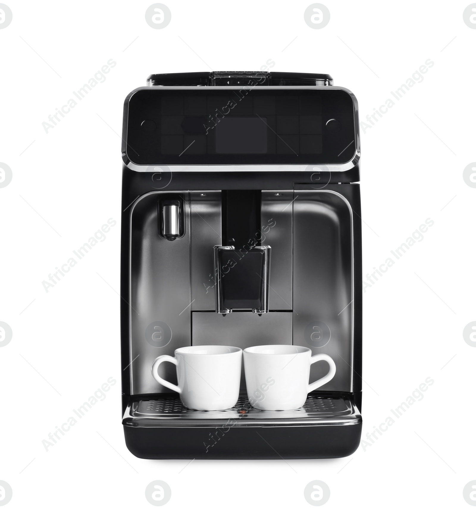Photo of Modern electric coffee machine with cups isolated on white