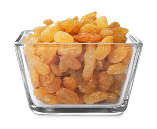 Bowl with raisins on white background. Healthy dried fruit