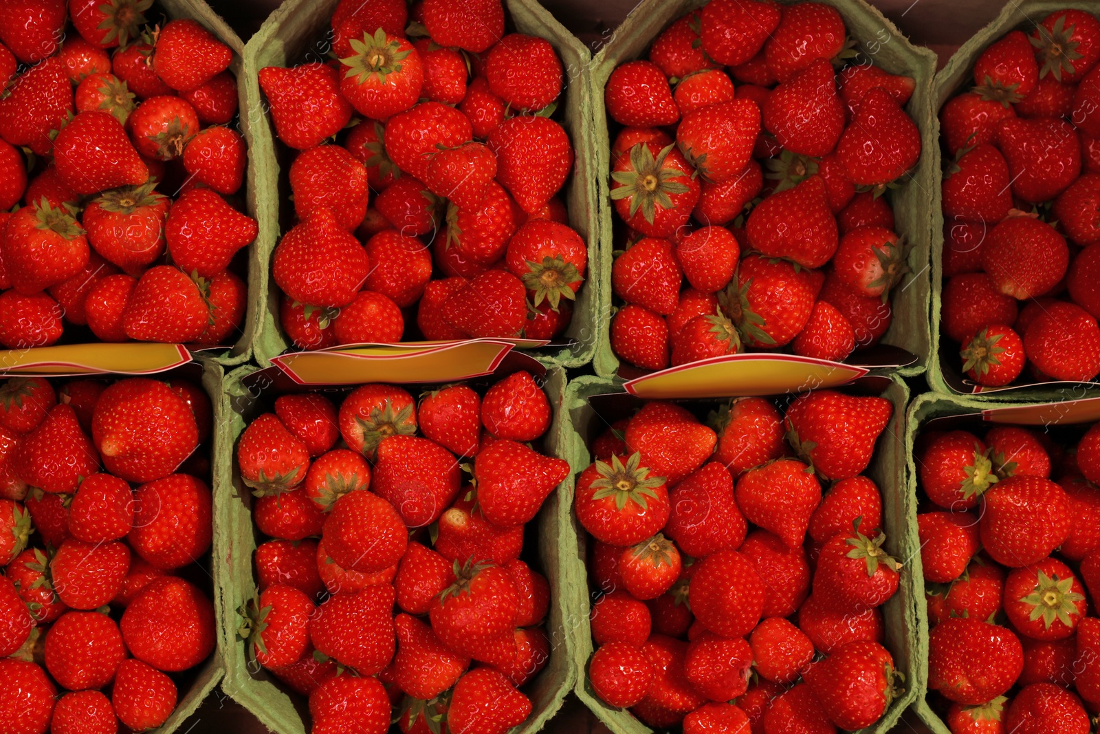Photo of Many fresh strawberries in containers at market, top view