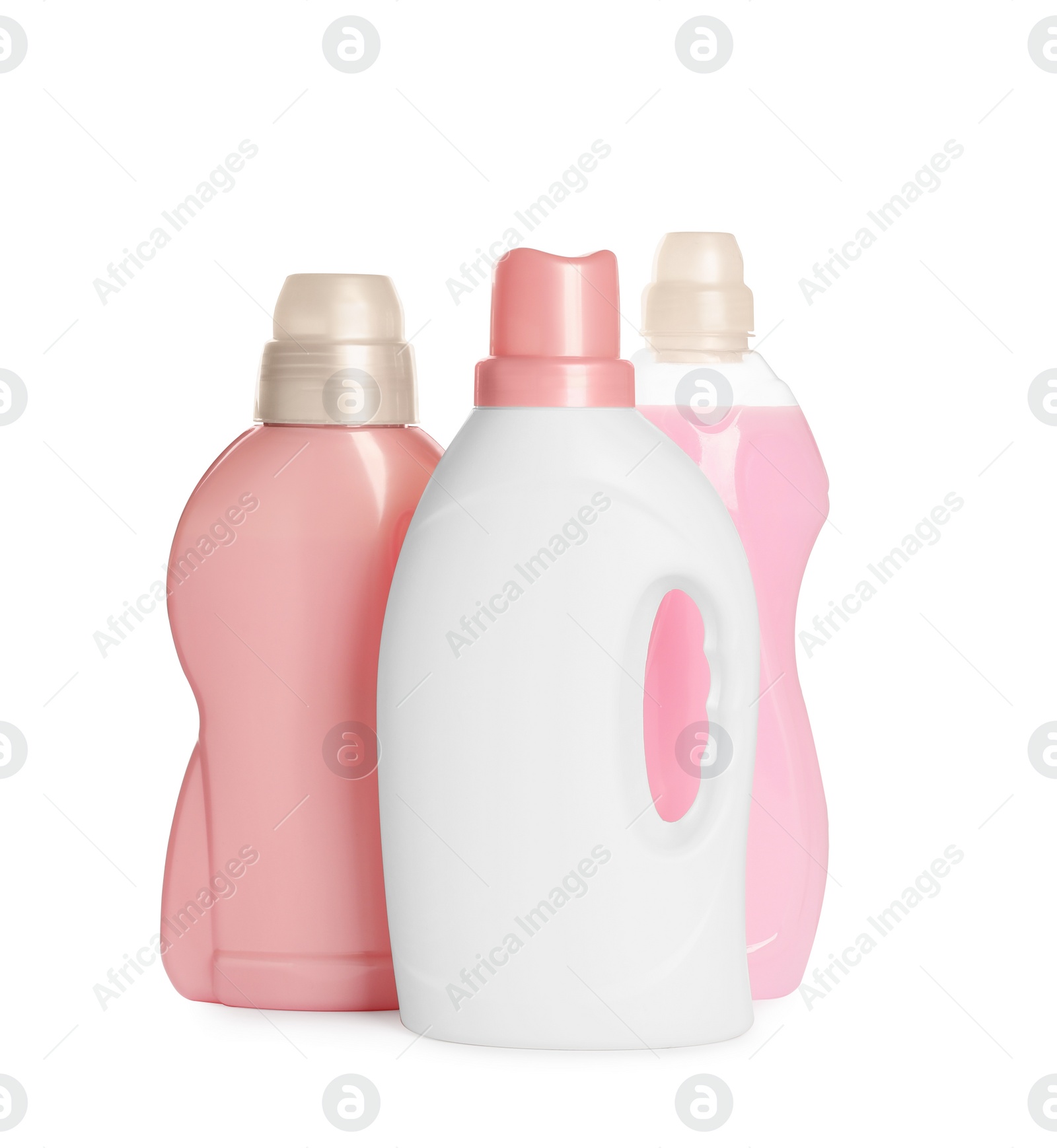 Photo of Different bottles with detergents on white background