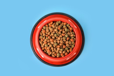 Dry dog food in feeding bowl on light blue background, top view