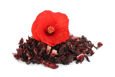 Photo of Pile of dry hibiscus tea and beautiful flower isolated on white