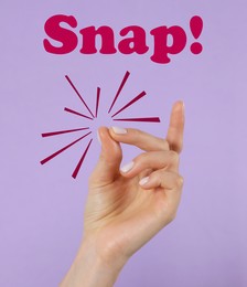 Image of Woman snapping fingers on violet background, closeup