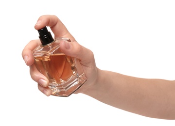 Image of Woman with bottle of perfume on white background, closeup