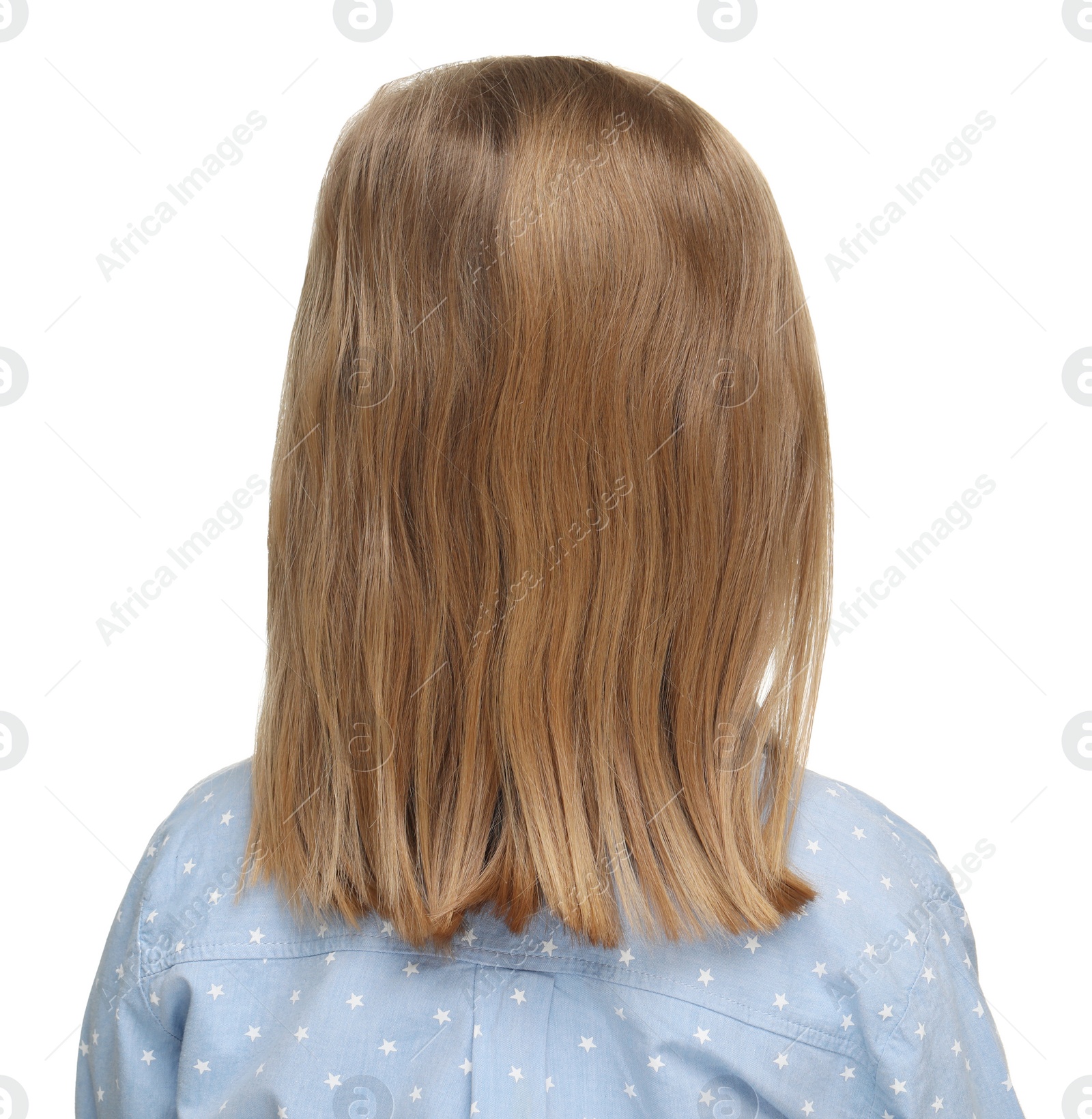 Photo of Little girl with beautiful hair on white background, back view
