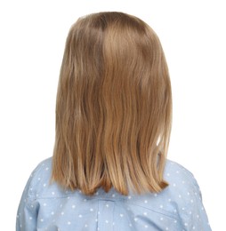 Photo of Little girl with beautiful hair on white background, back view