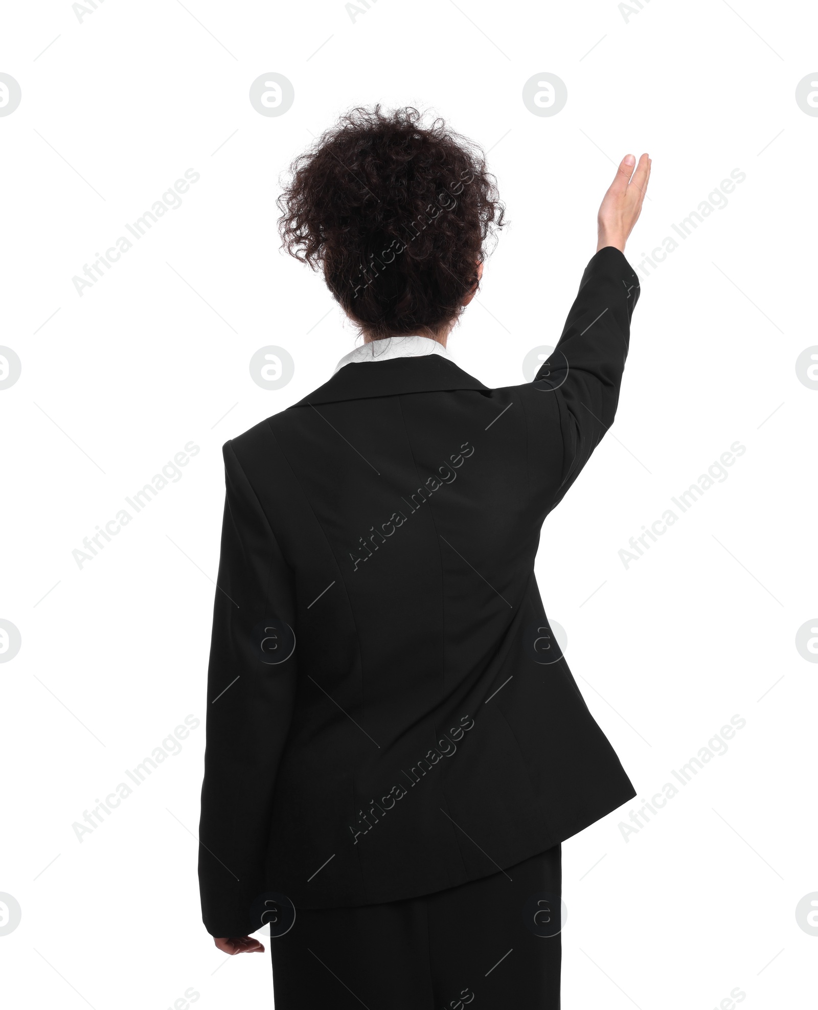 Photo of Businesswoman in suit on white background, back view